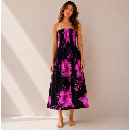 Robe d'été noire à hibiscus violette| Bustier fluide mi-longue
