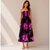 Robe d'été noire à hibiscus violette| Bustier fluide mi-longue