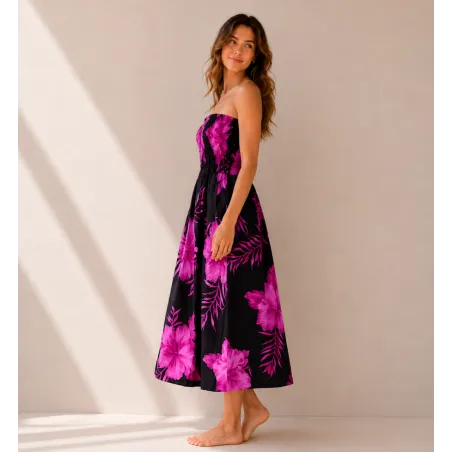 Robe d'été noire à hibiscus violette| Bustier fluide mi-longue