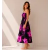 Robe d'été noire à hibiscus violette| Bustier fluide mi-longue