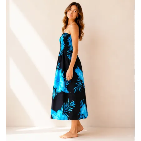 Robe d'été noire à hibiscus turquoise | Bustier fluide mi-longue