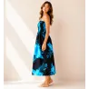 Robe d'été noire à hibiscus turquoise | Bustier fluide mi-longue