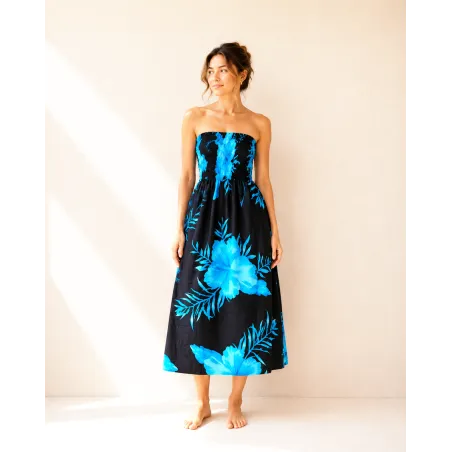 Robe d'été noire à hibiscus turquoise | Bustier fluide mi-longue