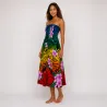 Robe longue bustier multicolore – Tatouage polynésien & fleurs de frangipanier