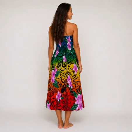 Robe longue bustier multicolore – Tatouage polynésien & fleurs de frangipanier