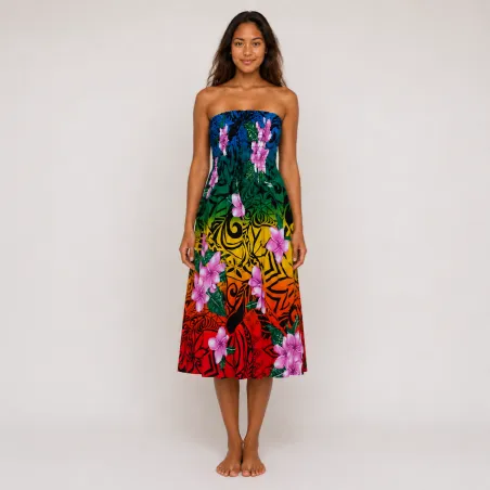 Robe longue bustier multicolore – Tatouage polynésien & fleurs de frangipanier