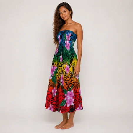 Robe longue bustier multicolore – top turquoise - Tatouage polynésien & fleurs de frangipanier