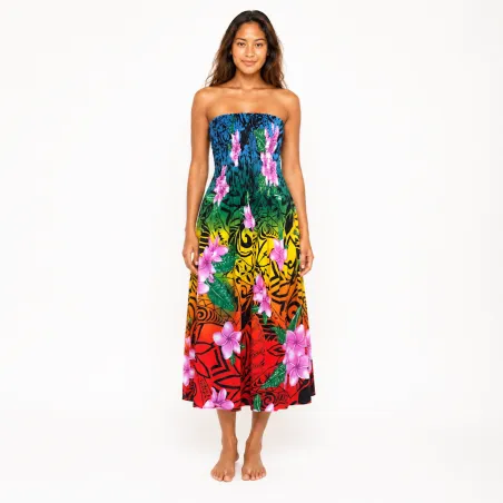 Robe longue bustier multicolore – top turquoise - Tatouage polynésien & fleurs de frangipanier
