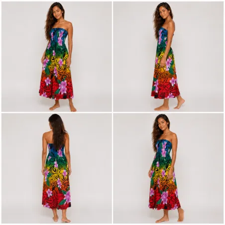 Robe longue bustier multicolore – top turquoise - Tatouage polynésien & fleurs de frangipanier