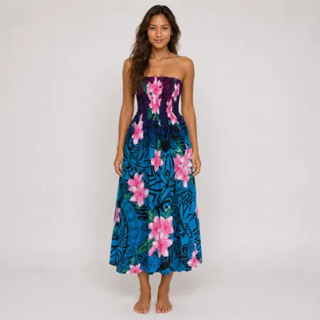 Robe longue bustier multicolore – top violet - Tatouage polynésien & fleurs de frangipanier
