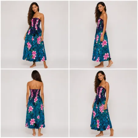 Robe longue bustier multicolore – top violet - Tatouage polynésien & fleurs de frangipanier