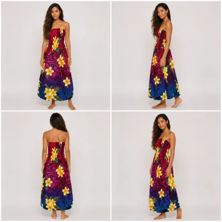 Robe longue bustier multicolore – top rouge - Tatouage polynésien & fleurs de frangipanier