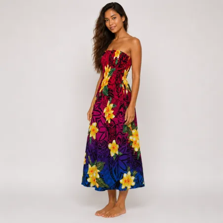 Robe longue bustier multicolore – top rouge - Tatouage polynésien & fleurs de frangipanier
