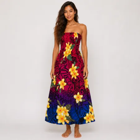 Robe longue bustier multicolore – top rouge - Tatouage polynésien & fleurs de frangipanier