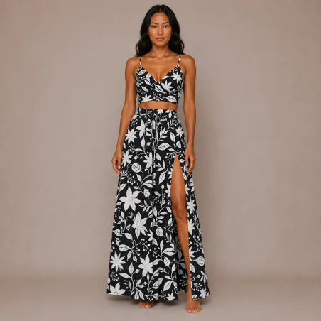 Ensemble Jupe Longue et Top noir et blanc fleurs et feuillage | Style Tahitien Femme