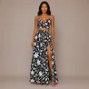 Ensemble Jupe Longue et Top noir et blanc fleurs et feuillage | Style Tahitien Femme