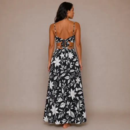 Ensemble Jupe Longue et Top noir et blanc fleurs et feuillage | Style Tahitien Femme