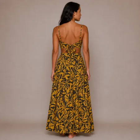Ensemble Jupe Longue et Top moutarde et marron  fleurs et feuillage | Style Tahitien Femme