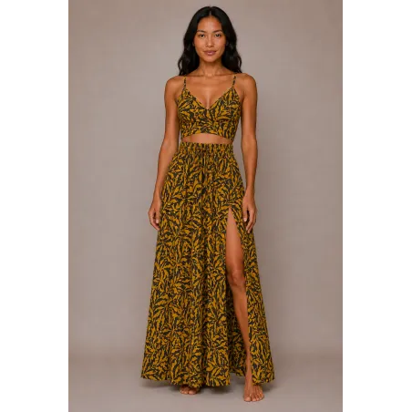 Ensemble Jupe Longue et Top moutarde et marron  fleurs et feuillage | Style Tahitien Femme
