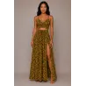 Ensemble Jupe Longue et Top moutarde et marron  fleurs et feuillage | Style Tahitien Femme