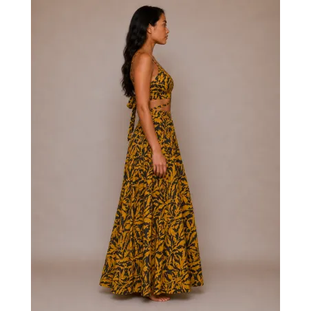 Ensemble Jupe Longue et Top moutarde et marron  fleurs et feuillage | Style Tahitien Femme