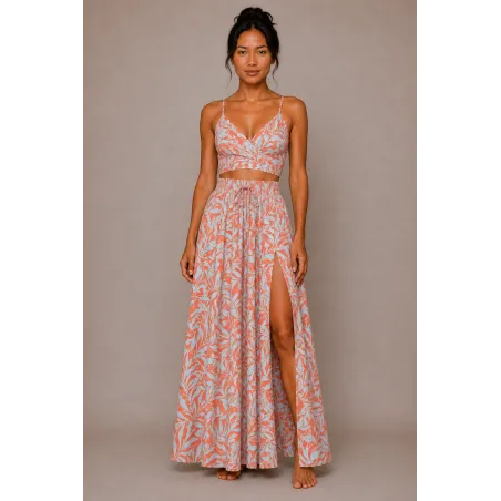 Ensemble Jupe Longue et Top saumon et turquoise | Style Tahitien Femme