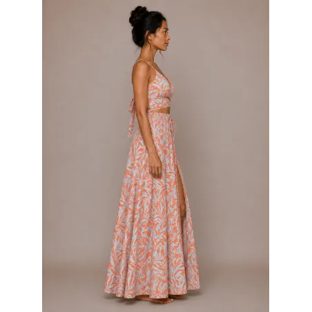 Ensemble Jupe Longue et Top saumon et turquoise | Style Tahitien Femme