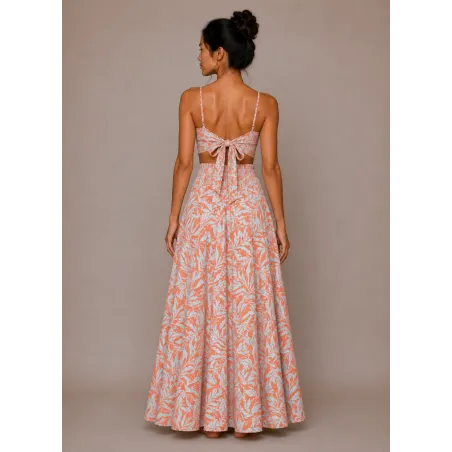 Ensemble Jupe Longue et Top saumon et turquoise | Style Tahitien Femme