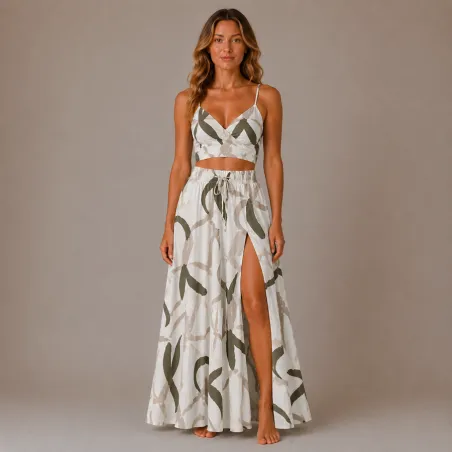 Ensemble Jupe Longue et Top Bohème Chic blanc| Style Tahitien Femme