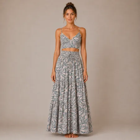 Ensemble Jupe Longue et Top Bohème Motif feuillage gris rose saumoné| Style Tahitien Femme