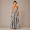 Ensemble Jupe Longue et Top Bohème Motif feuillage gris rose saumoné| Style Tahitien Femme