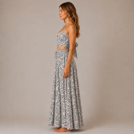 Ensemble Jupe Longue et Top Bohème Motif feuillage gris rose saumoné| Style Tahitien Femme