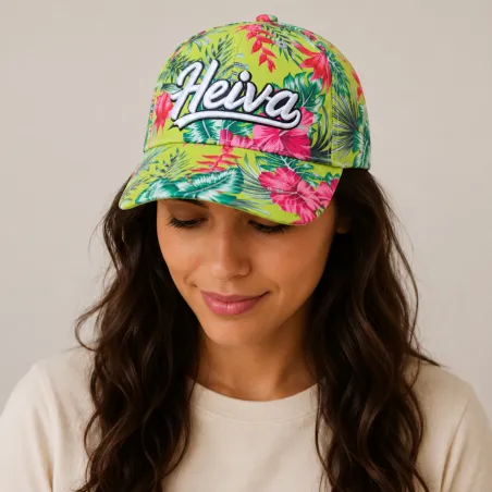 Casquette  Heiva Tahiti vert anis fleurie  | Style îles