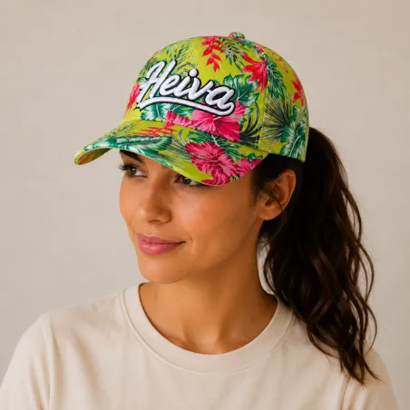 Casquette Heiva Tahiti vert anis fleurie | Style îles