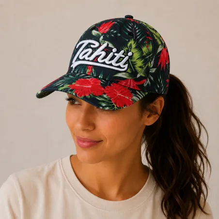 Casquette  Tahiti noire fleurs tropicales  | Style îles