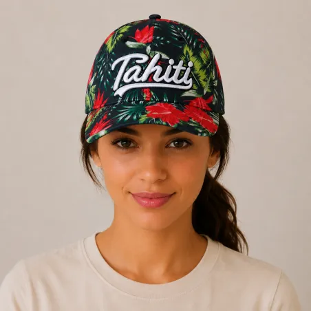 Casquette Tahiti noire fleurs tropicales | Style îles