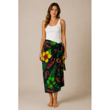 paréo noir et vert hibiscus et margouillat