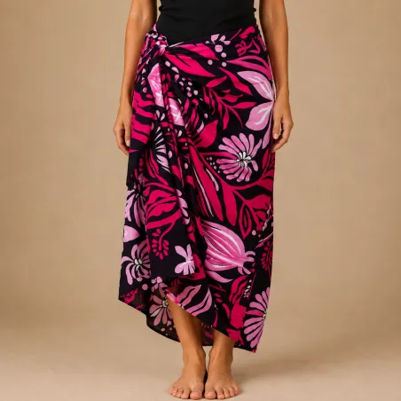 Paréo fleurie noir et rose motifs fleurs