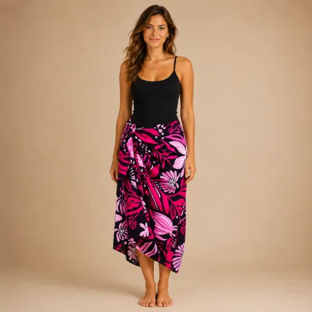 Paréo fleurie noir et rose motifs fleurs