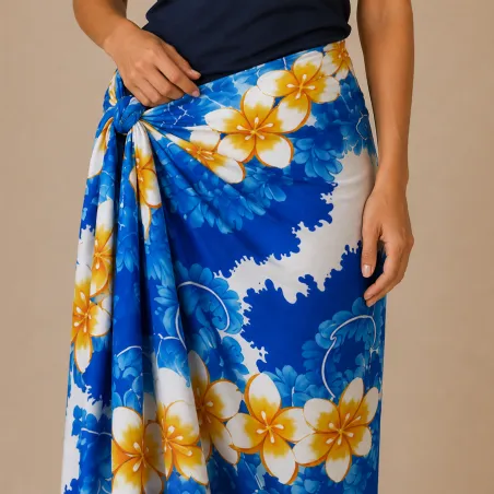 Paréo Bleu Fleuri Tahitien | Fleurs de Tiaré | Produit Pacifique