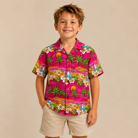 Chemise Hawaïenne rose Garçon Plage