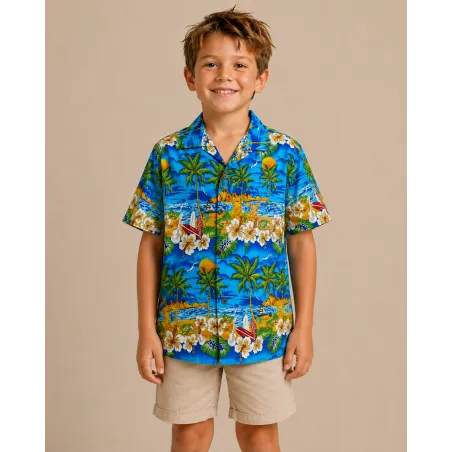 Chemise Hawaïenne turquoise Garçon Plage