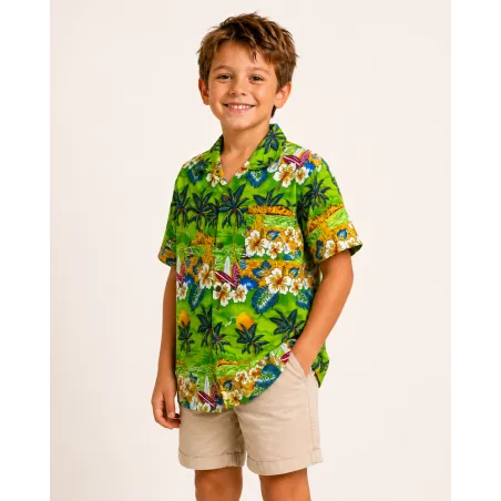 Chemise hawaïenne enfant verte – Paysage tropical & palmiers