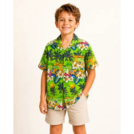 Chemise hawaïenne enfant verte – Paysage tropical & palmiers