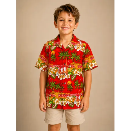 Chemise hawaïenne enfant rouge – Motifs îles tropicales