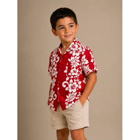 Chemise Hawaïenne Enfant Rouge à Fleurs Blanches – Chemise Aloha Garçon 100 % Coton