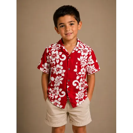 Chemise Hawaïenne Enfant Rouge à Fleurs Blanches – Chemise Aloha Garçon 100 % Coton