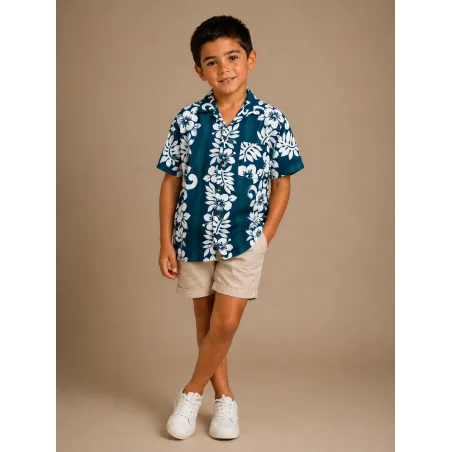 Chemise Hawaïenne Enfant Bleu Turquoise à Fleurs Blanches – Chemise Aloha Garçon 100 % Coton