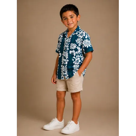 Chemise Hawaïenne Enfant Bleu Turquoise à Fleurs Blanches – Chemise Aloha Garçon 100 % Coton