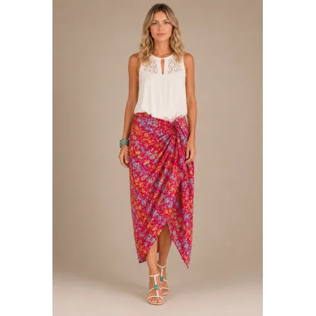 Paréo Rose Fuchsia Motifs Tropicaux – Paréo de Plage Femme Tahiti